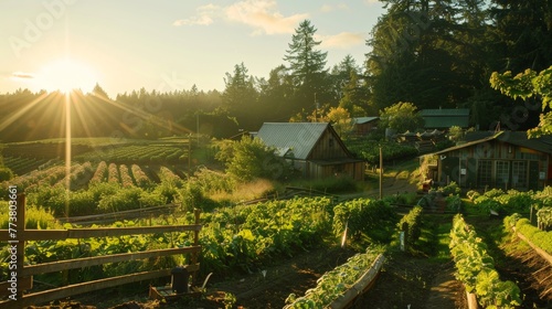 Community-Supported Agriculture A serene scene featuring a sunlit CSA farm with organic produce and community involvement  AI generated illustration photo