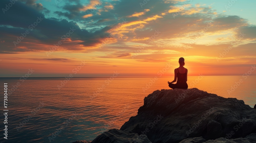 Silhouette of a person meditating on rocky shore with a breathtaking sunrise over the calm sea.