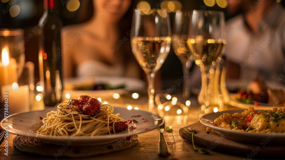Date Night Dinners Professional captures of romantic dinners delivered for date nights at home with candlelit ambiance gourmet cuisine  AI generated illustration