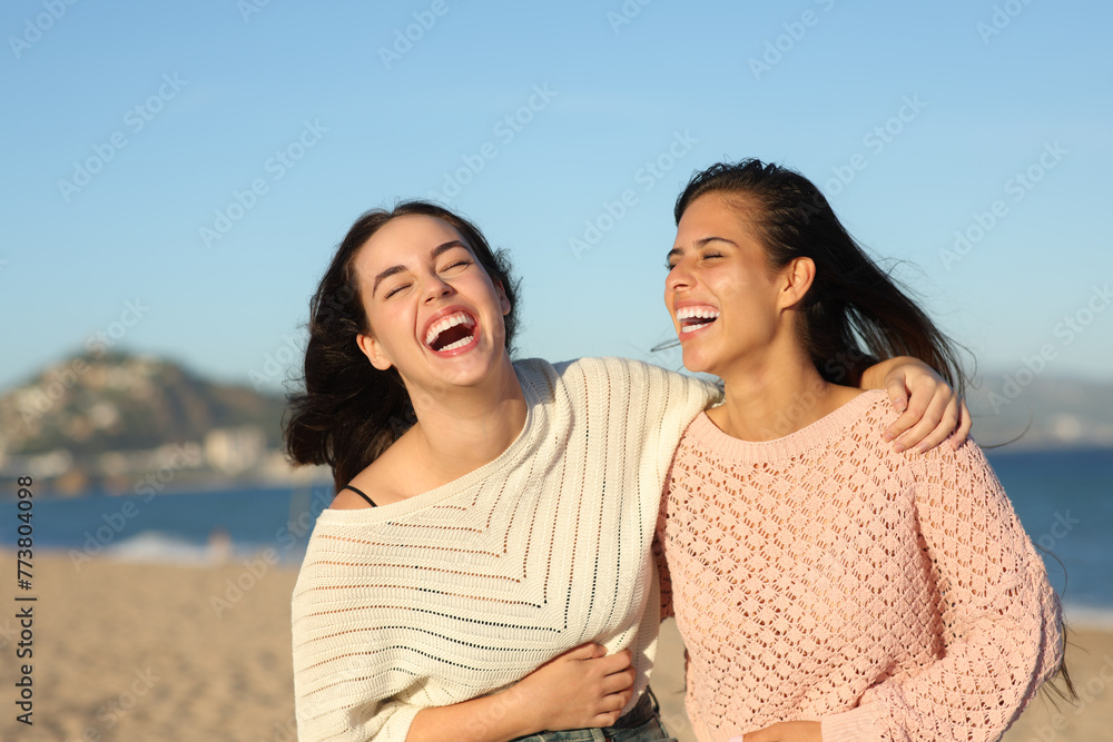 Obraz premium Two friends laughing hilariously on the beach