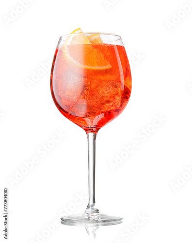 Aperol spritz cocktail with orange slice and ice isolated