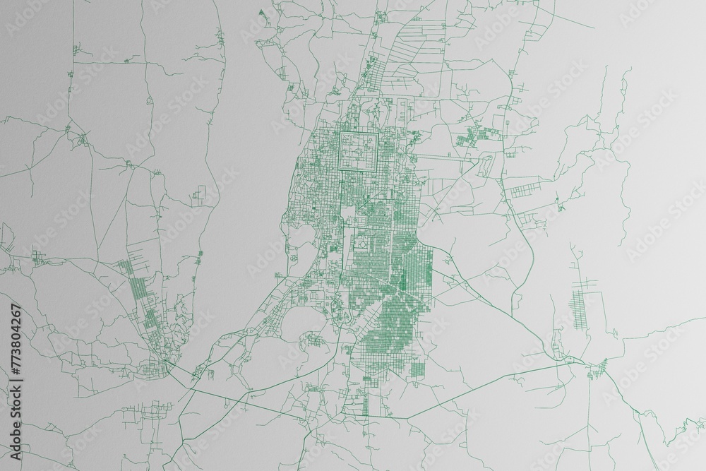 Map of the streets of Mandalai (Myanmar) made with green lines on white paper. 3d render, illustration