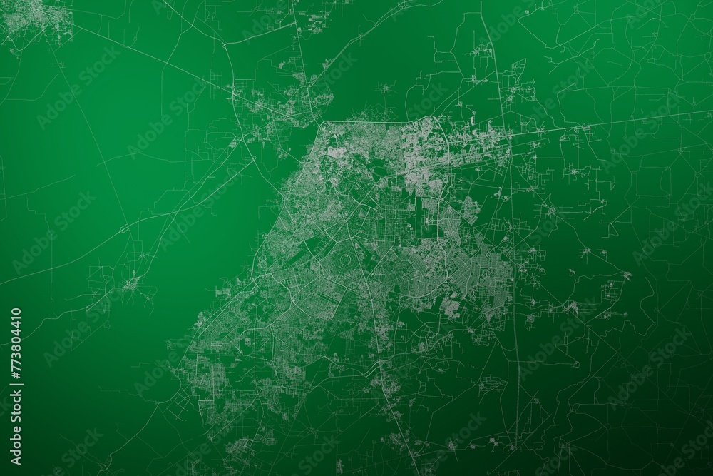 Map of the streets of Lahore (Pakistan) made with white lines on abstract green background lit by two lights. Top view. 3d render, illustration - obrazy, fototapety, plakaty 