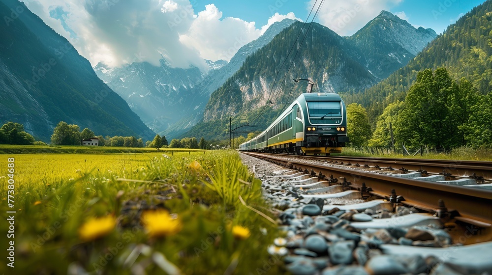 Close-up front view of the train, green field and alpine mountains on the background