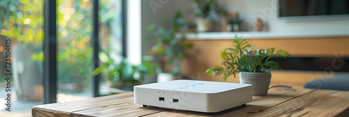 A new white Wi-Fi router on the table indoors, New white Wi-Fi router on wooden table near alarm clock indoors