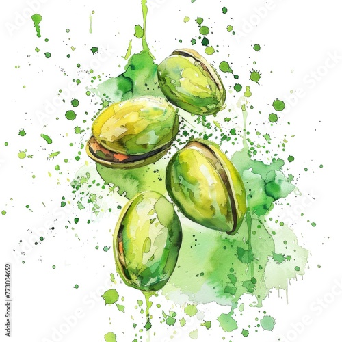Watercolor art of pistachio nuts amidst a lively splash of green