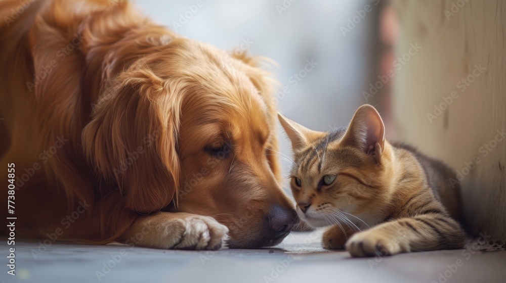 Golden retriever and tabby cat lying together, exemplifying interspecies friendship and comfort.