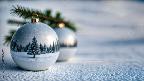 Decorazioni natalizie, palline dipinte a mano su manto nevoso