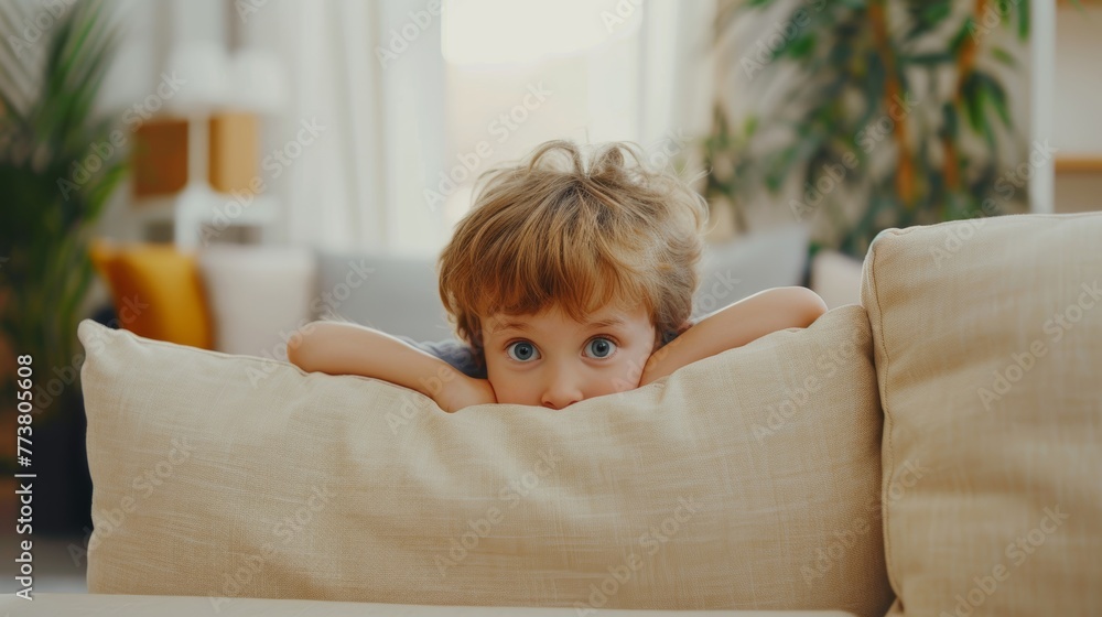 little asian children kid playing hide and seek standing behind the
