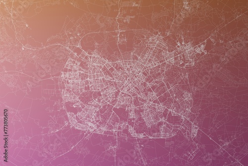 Map of the streets of Minsk (Belarus) made with white lines on pinkish red gradient background. Top view. 3d render, illustration