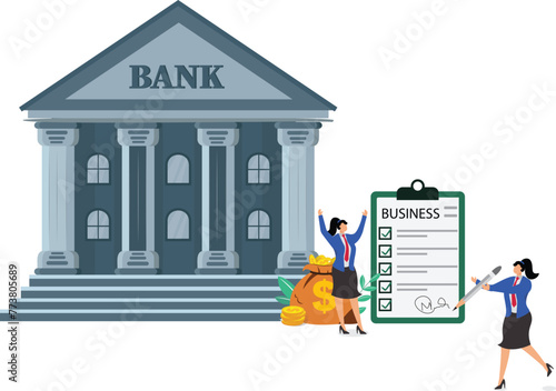 Banking and lending services, mortgages, loans, debt repayment, etc. Distance businesswoman signing business contracts with bank managers