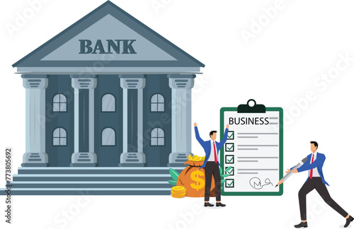 Banking and lending services, mortgages, loans, debt repayment, etc. Distance businessman signing business contracts with bank managers