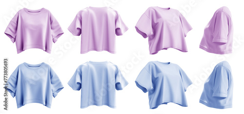 2 Set of pastel light blue purple woman loose cropped midriff tee t shirt round neck front, back and side view on transparent background cutout, PNG file. Mockup template for artwork graphic design photo