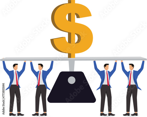 Burdened with debt or savings, stressed with money, overloaded with loans or currency, a group of businessmen struggle to support the dollar sign on the balance bar