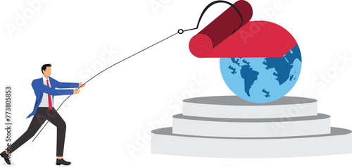 Open up and develop global business markets and businesses, create a path to success, isometric businessmen drive the red carpet on the planet