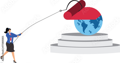 Open up and develop global business markets and businesses, create a path to success, isometric businesswomen drive the red carpet on the planet