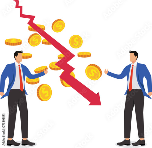 Revenue or profit decreases, business performance declines, business development suffers, businesses go bankrupt or lose money on investments, isometric businessmen sit contemplating on the falling ar