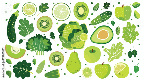 Illustration of green fruits and vegetables. For a hea