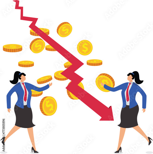 Revenue or profit decreases, business performance declines, business development suffers, businesses go bankrupt or lose money on investments, isometric businesswomen sit contemplating on the falling 