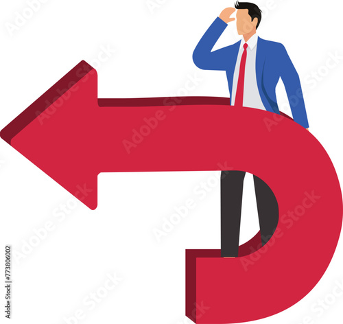 The road blocked forward, the dead end, the forced change of direction, the road turned back, the disappointment and foregone conclusion, the equidistant forward businessman standing inside the return