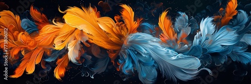 Baroque Harmony: Vibrant Orange and Blue Plume Patterns on Black Background, Dark glamorous background design. Good for wallpapers, tapestry,cloth, fabric printing
