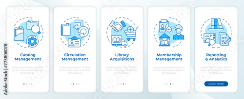 Library customer service blue onboarding mobile app screen. Walkthrough 5 steps editable graphic instructions with linear concepts. UI, UX, GUI template. Montserrat Semibold, Regular fonts used