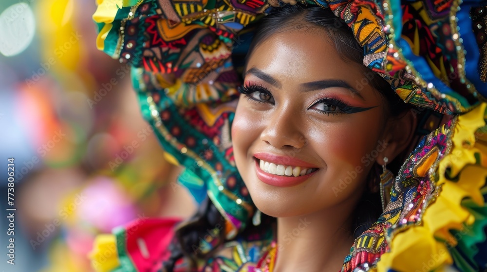 Smiling woman in traditional Mexican dress with vibrant colors and headpiece
