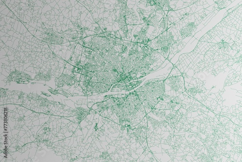 Map of the streets of Nantes  France  made with green lines on white paper. 3d render  illustration
