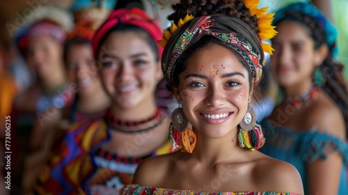 Young woman with a sunflower headscarf smiling at a cultural event with a group