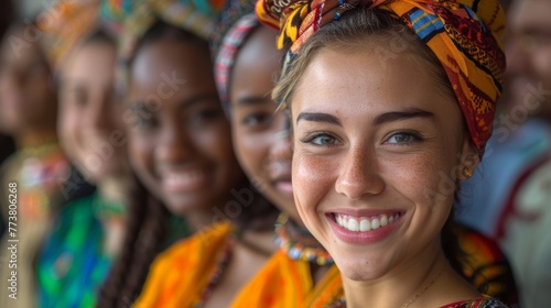 Happy young woman in traditional African headscarf with blurred background