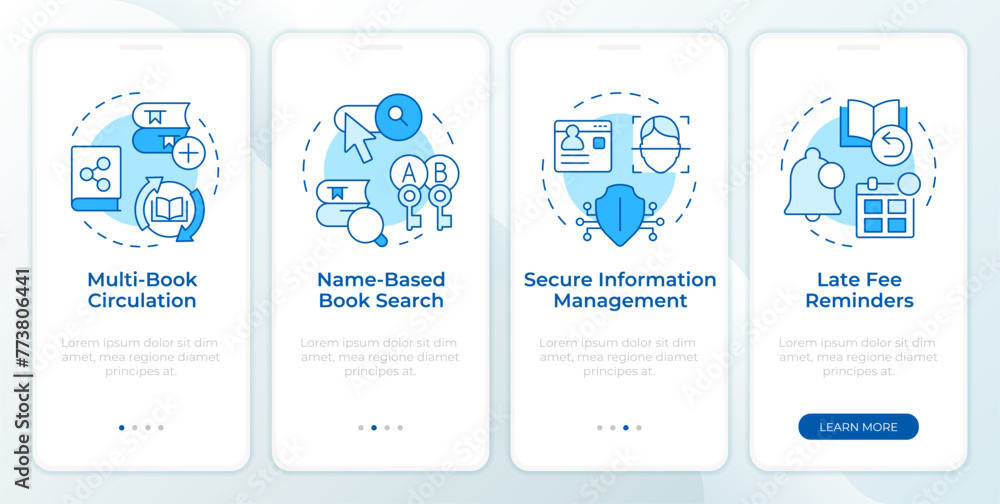 RFID book management blue onboarding mobile app screen. Walkthrough 4 steps editable graphic instructions with linear concepts. UI, UX, GUI template. Montserrat Semibold, Regular fonts used - obrazy, fototapety, plakaty 
