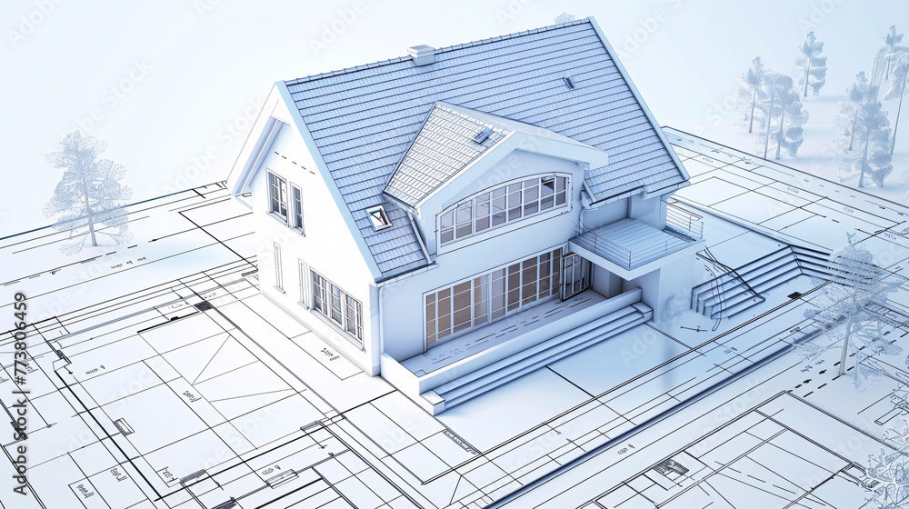 Modern 3d house growing out of detailed blueprint, floor plan Modern 3d house growing out of detailed blueprint, floor plan