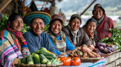 Smiling Indigenous Andean People Selling Vegetables at Local Market