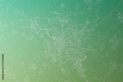 Map of the streets of Hannover (Germany) made with white lines on yellowish green gradient background. Top view. 3d render, illustration