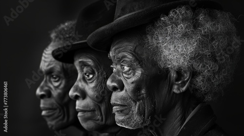 Black and White Portrait of Three Elderly Men with Textured Faces