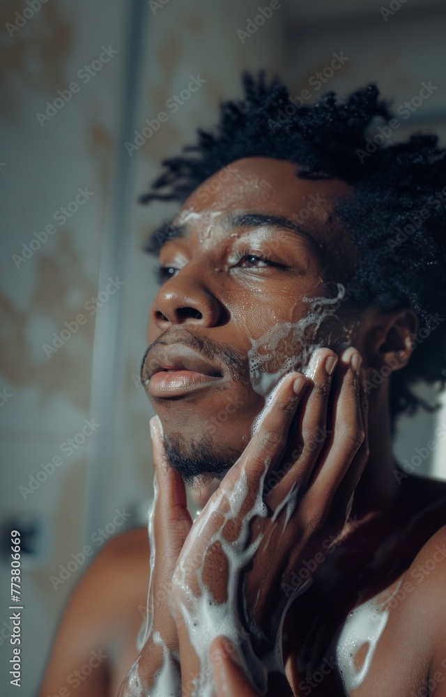 Young Man with Soap Suds on Face in Bathroom Young Man with Soap Suds on Face in Bathroom
