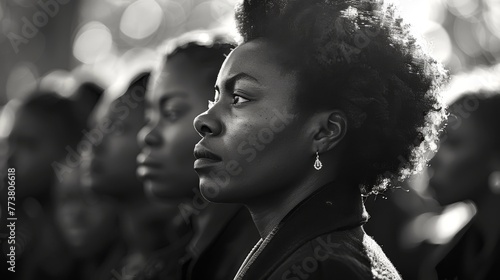 African American woman looking forward in a crowd with a serene expression
 photo