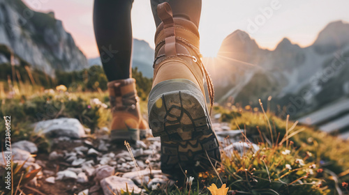 Close up man hiking boots on rocky mountain peak in the natural forest,Hikers walking through a forest in the soft glow of sunset light. The focus is on the rear view of a hiker's shoe, 