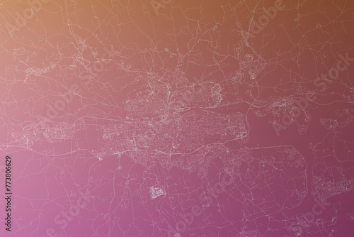 Map of the streets of Cork (Ireland) made with white lines on pinkish red gradient background. Top view. 3d render, illustration