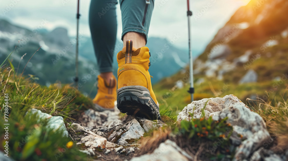 focus on shoes of cropping, people hiker in the mountains.Woman hiker ascends with trekking poles, showcasing the strength and resilience of outdoor enthusiasts. focus on shoes of cropping, people hiker in the mountains.Woman hiker ascends with trekking poles, showcasing the strength and resilience of outdoor enthusiasts.