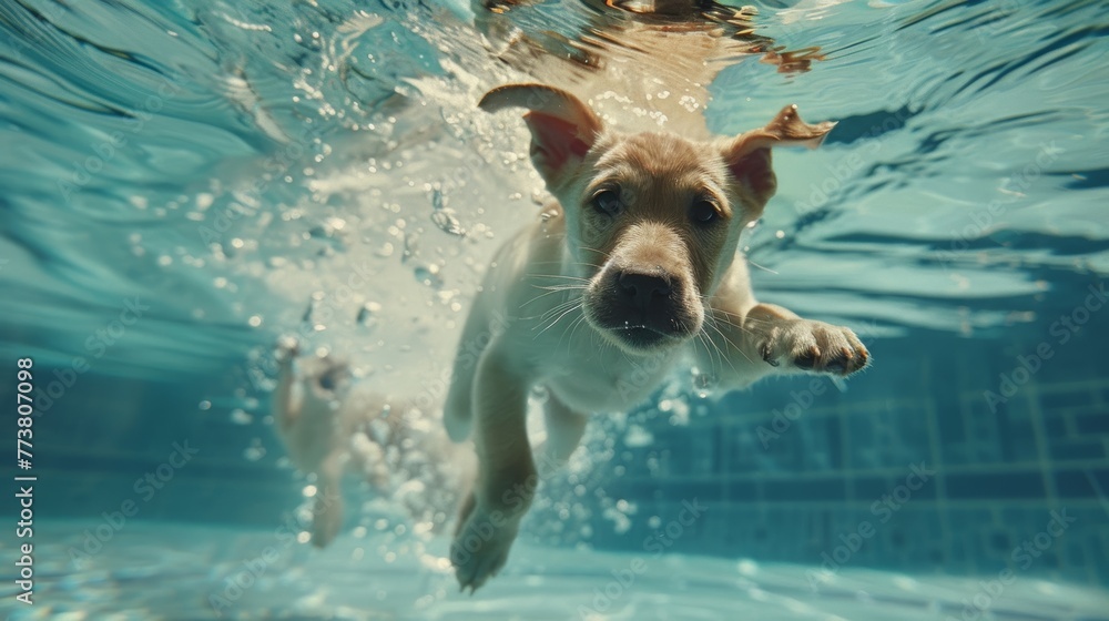 Funny underwater picture of puppies in swimming pool playing deep dive action training game with family pets and popular dog breeds during summer holidays. recreation, relax - obrazy, fototapety, plakaty 