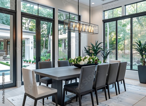 Villa dining room with large windows, light gray walls and white ceiling