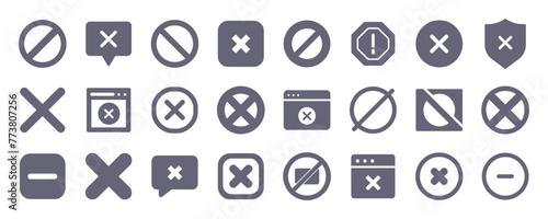Close X glyph flat icons. Vector solid pictogram set included icon as no cross, dont, forbidden, illegal, delete, denial, error silhouette illustration for infographic.
