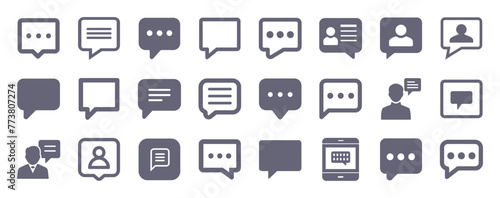 Chat speech bubble glyph flat icons. Vector solid pictogram set included icon as dialog box, text message, interview, communication, feedback comment silhouette illustration for infographic.