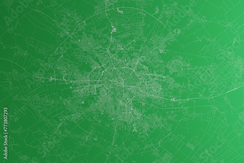 Map of the streets of Bucharest (Romania) made with white lines on green paper. Rough background. 3d render, illustration photo
