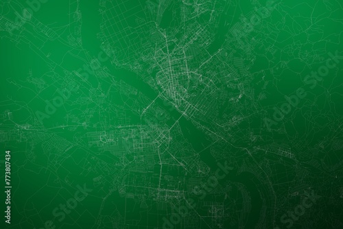 Map of the streets of Novosibirsk (Russia) made with white lines on abstract green background lit by two lights. Top view. 3d render, illustration