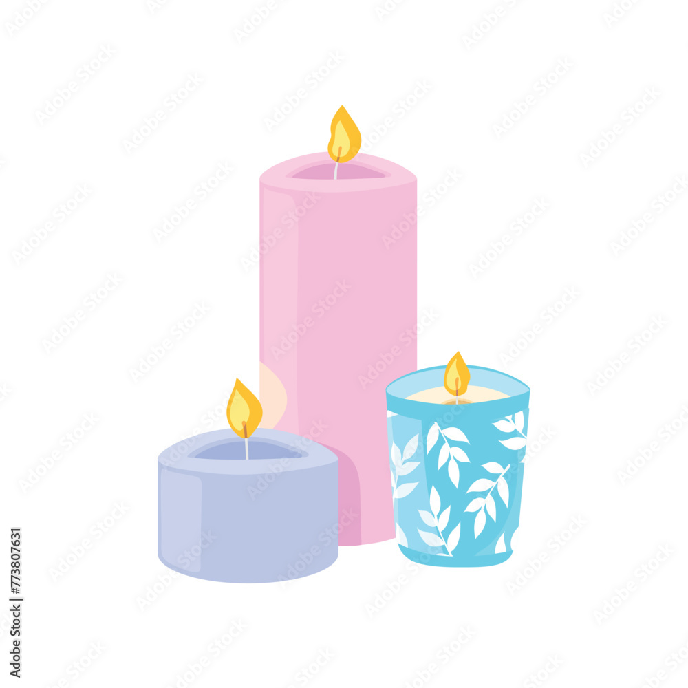 Three colored candles. Purple, pink and blue. Burning wick. Cozy home. Flame. Decoration. Vector illustration. White background. Three colored candles. Purple, pink and blue. Burning wick. Cozy home. Flame. Decoration. Vector illustration. White background.