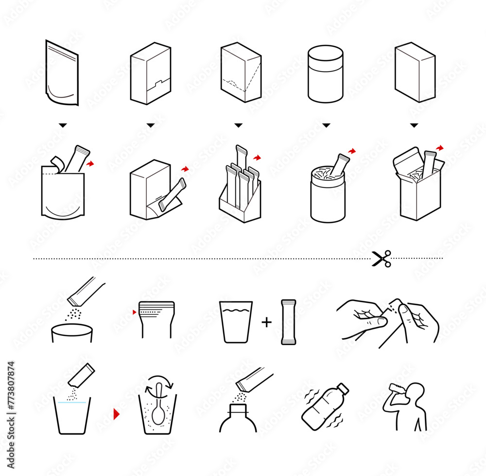Icons of stick package bag set with samples, preparation instructions ...