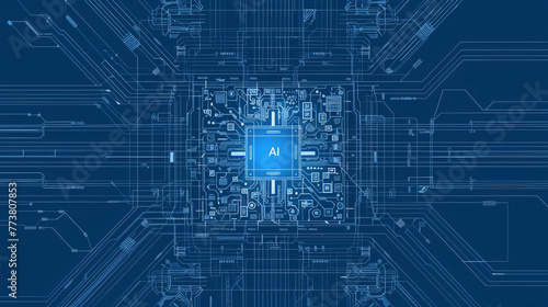 overhead view of a modern, detailed, realistic AI processor architecture blueprint photo