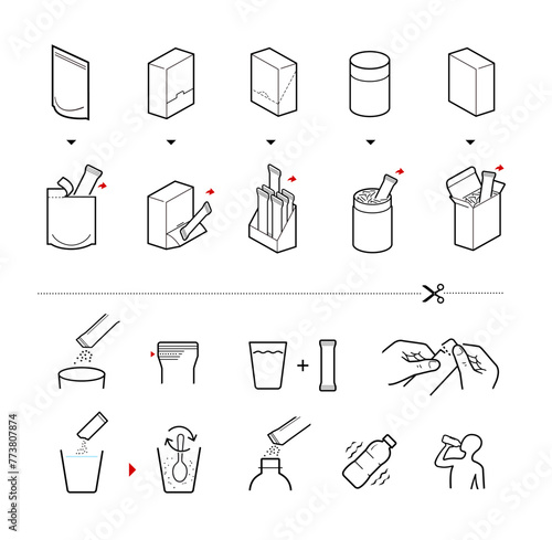 Icons of stick package bag set with samples, preparation instructions. Vector elements for infographics. Set of sign for detailed guideline. Ready for your design. EPS10.